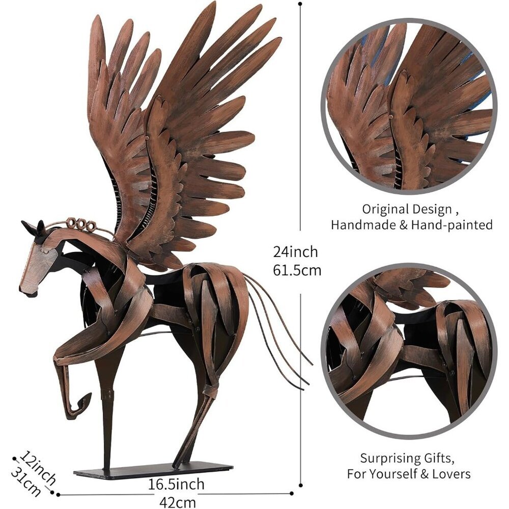Horse Statue Décor Artwork 24" H Metal Pegasus Greek Flying Sculpture Brown - Picture 3 of 6